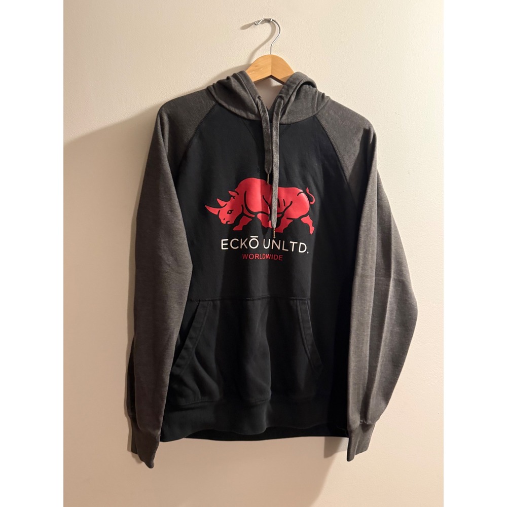 Ecko Unltd Mens Hoodie Large Black Gray Colorblock Red Rhino Logo Sweatshirt